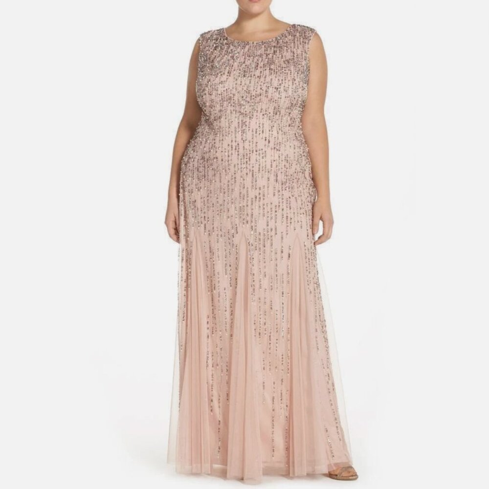 Adrianna Papell Blush Sequin Pearl Mermaid Cap Sleeve Gown - Size 2